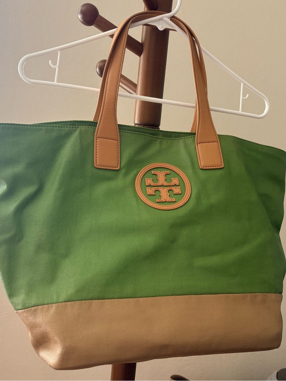 Tory Burch Green Canvas Tote with Tan Leather Trim
